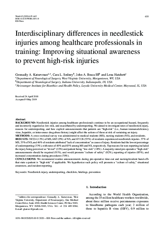 (PDF) Interdisciplinary differences in needlestick injuries among ...