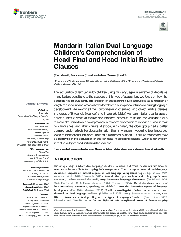 (PDF) MandarinItalian DualLanguage Children’s Comprehension of Head