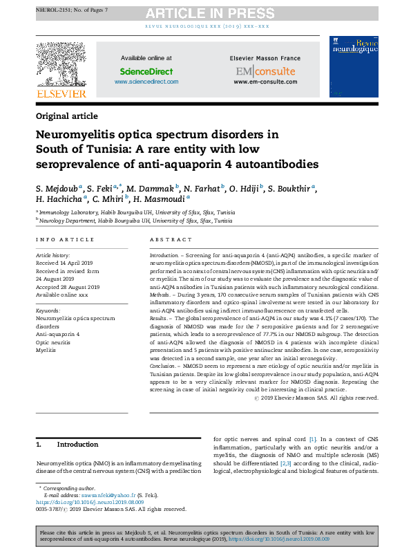 (PDF) Neuromyelitis optica spectrum disorders in South of Tunisia: A ...