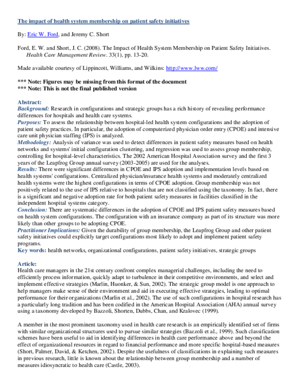 (PDF) The impact of health system membership on patient safety ...