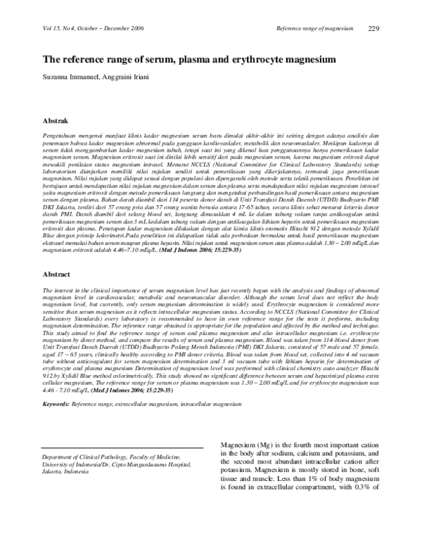 (PDF) The reference range of serum, plasma and erythrocyte magnesium