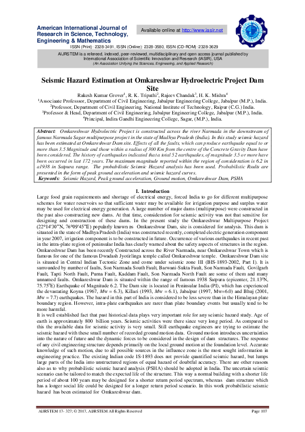 (PDF) Seismic Hazard Estimation at Omkareshwar Hydroelectric Project Dam Site Rakesh Grover