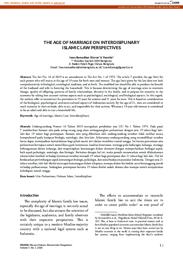 (PDF) The Age of Marriage on Interdisiplinary Islamic Law Perspectives