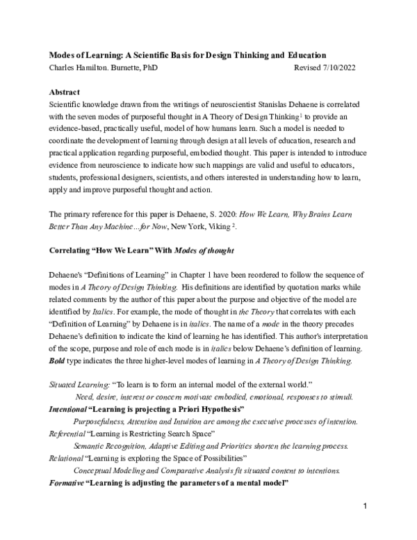 (PDF) Modes of Learning: A Scientific Basis for Design Thinking and ...