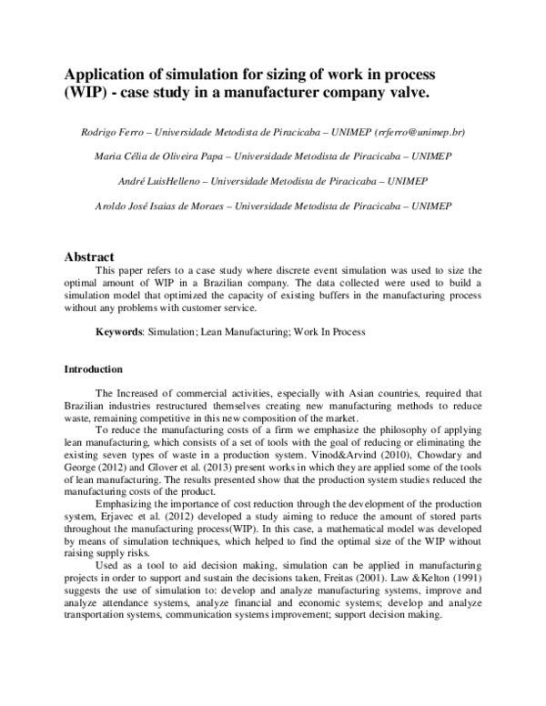 (PDF) Application of simulation for sizing of work in process ( WIP ...