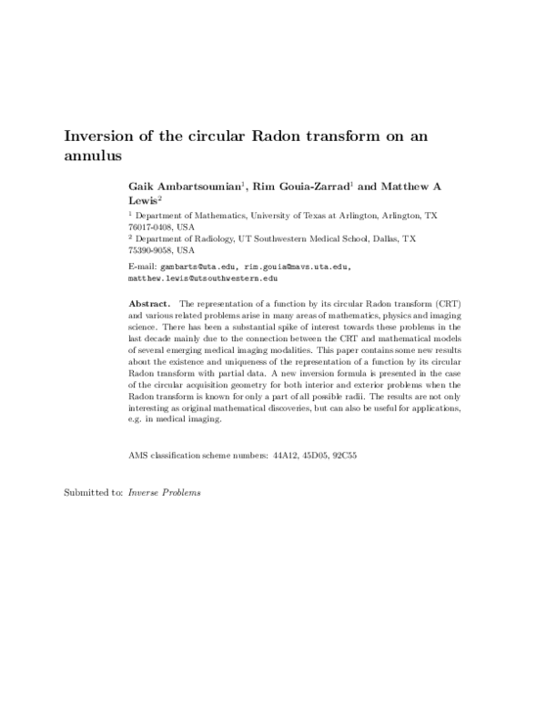 (PDF) Inversion of the circular Radon transform on an annulus