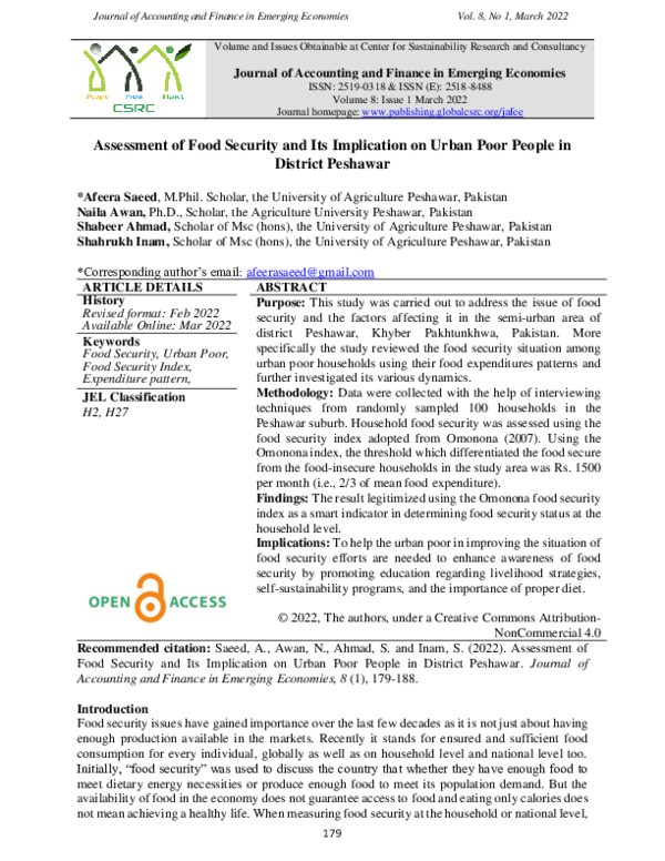 (PDF) Assessment of Food Security and Its Implication on Urban Poor ...