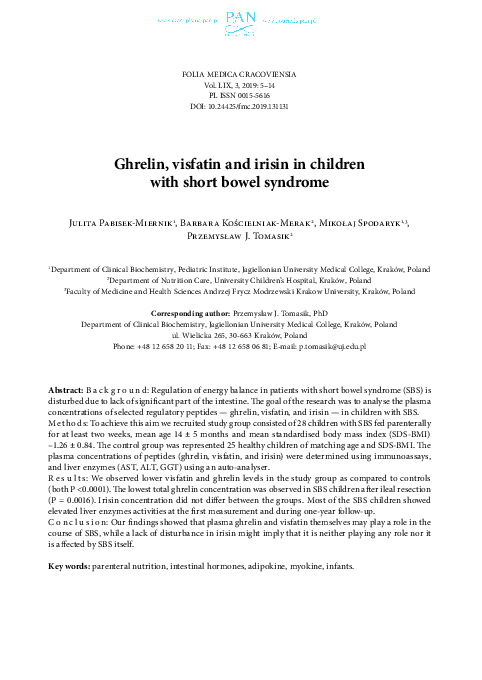 (PDF) Ghrelin, visfatin and irisin in children with short bowel syndrome