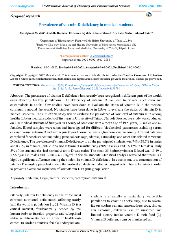 (PDF) Prevalence of vitamin D deficiency in medical students