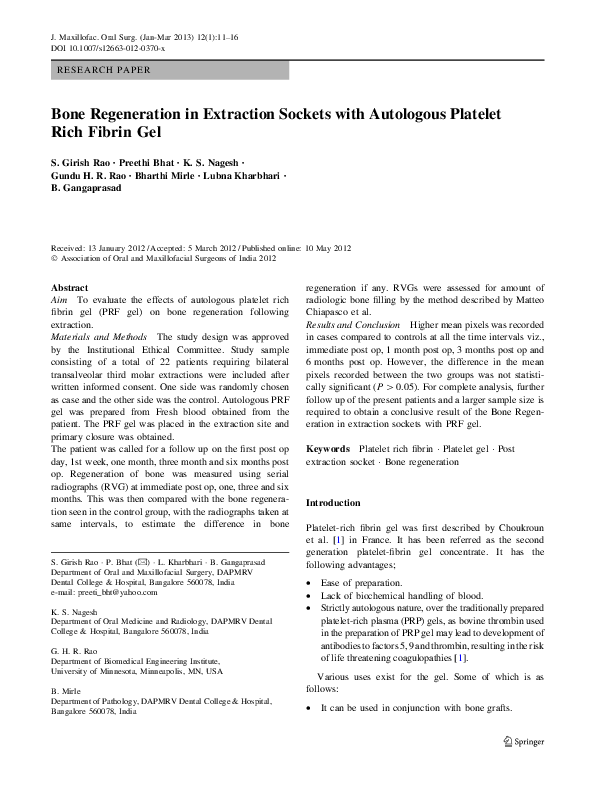 (PDF) Bone Regeneration in Extraction Sockets with Autologous Platelet ...