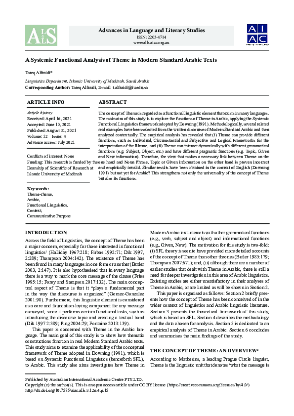 (PDF) A Systemic Functional Analysis of Theme in Modern Standard Arabic ...