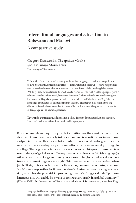 (PDF) International languages and education in Botswana and Malawi: A ...