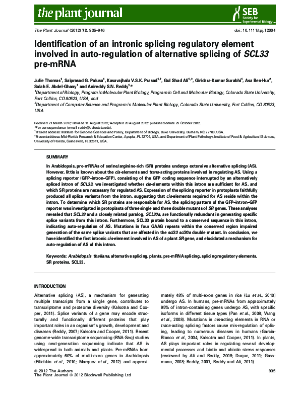 (PDF) Identification of an intronic splicing regulatory element ...