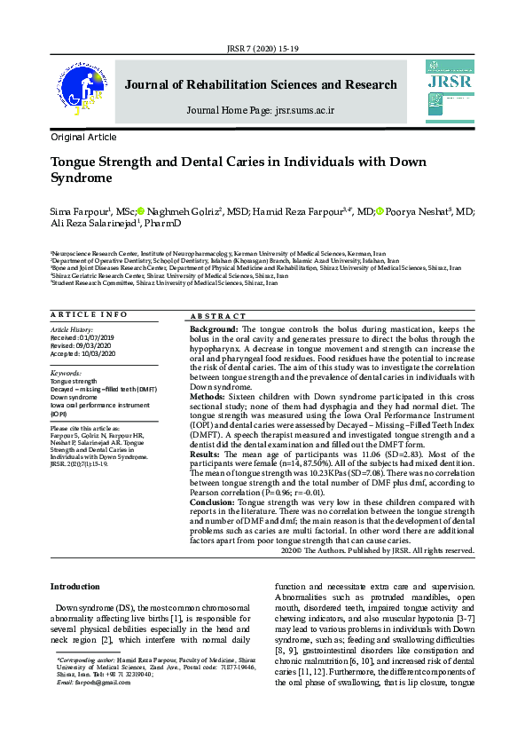 (PDF) Tongue Strength and Dental Caries in individuals with Down syndrome
