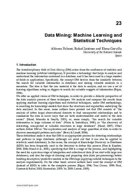 (PDF) 23 Data Mining : Machine Learning and Statistical Techniques