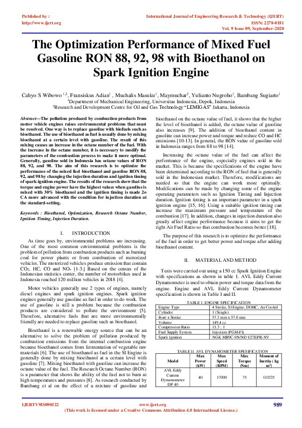(PDF) The Optimization Performance of Mixed Fuel Gasoline RON 88, 92 ...