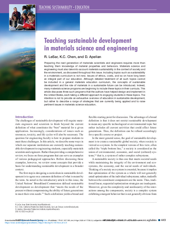 (PDF) Teaching sustainable development in materials science and engineering