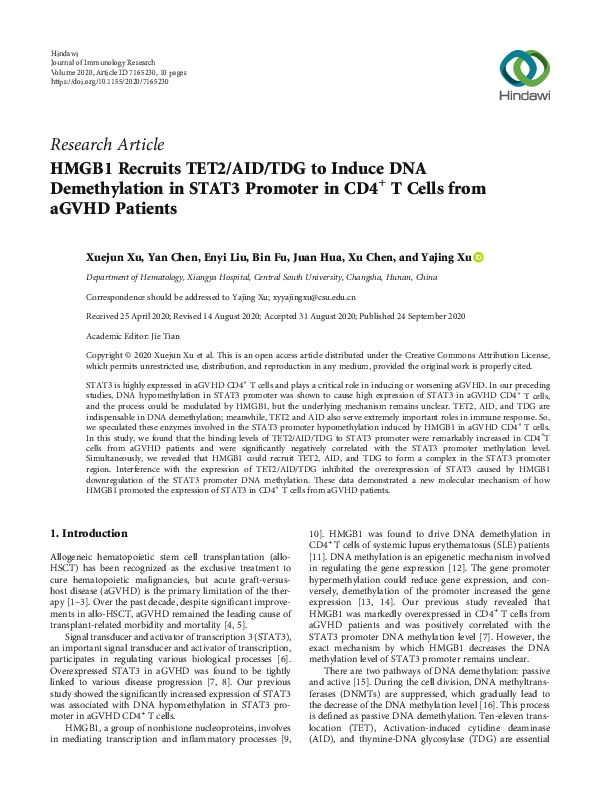 (PDF) HMGB1 Recruits TET2/AID/TDG to Induce DNA Demethylation in STAT3 ...