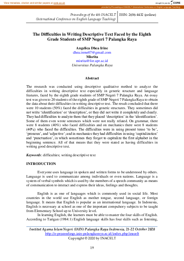 (PDF) The Difficulties in Writing Descriptive Text Faced by the Eighth ...