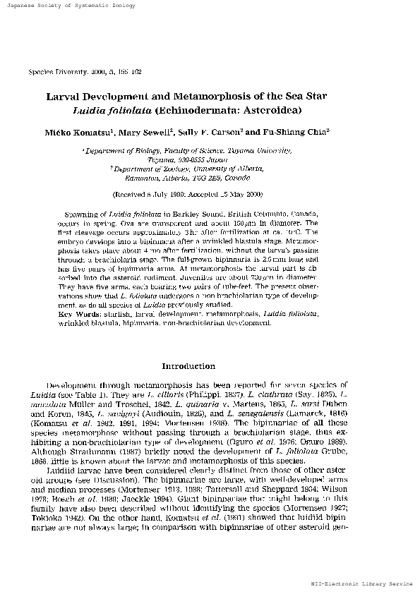(PDF) Larval Development and Metamorphosis of the Sea Luidia foliolata