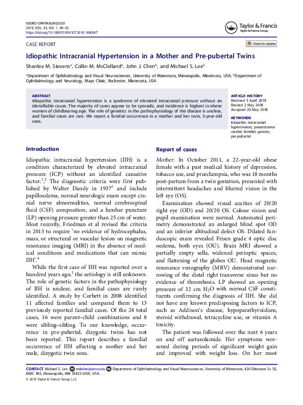 (PDF) Idiopathic Intracranial Hypertension in a Mother and Pre-pubertal ...