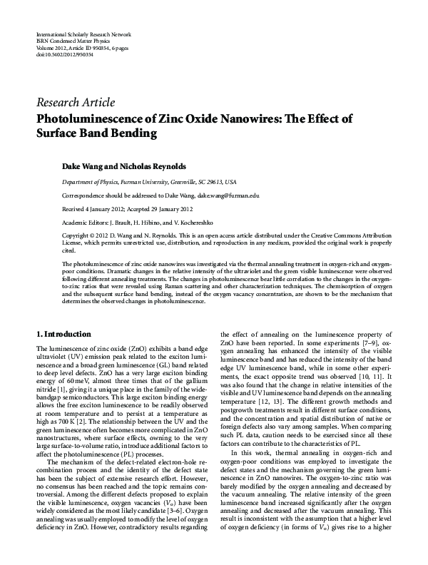 (PDF) Photoluminescence of Zinc Oxide Nanowires: The Effect of Surface ...