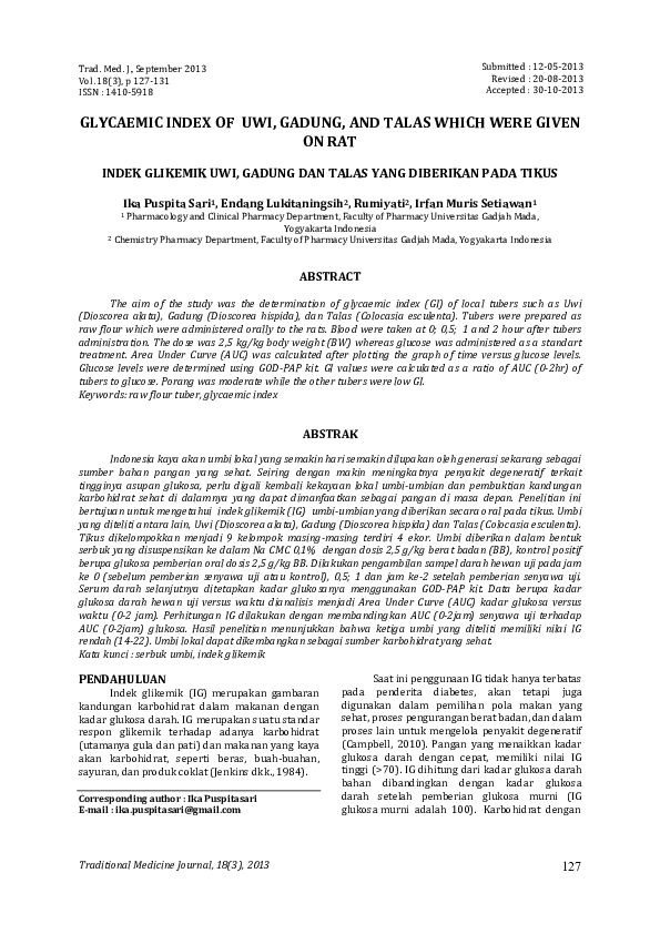 (PDF) Glycaemic Index of Uwi, Gadung, and Talas Which Were Given on Rat