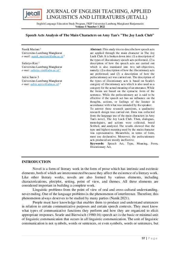 (PDF) Speech Acts Analysis of The Main Characters on Amy Tan's "The Joy ...