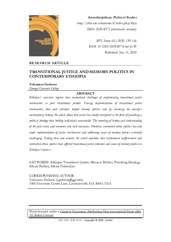 (PDF) Transitional Justice And Memory Politics In Contemporary Ethiopia