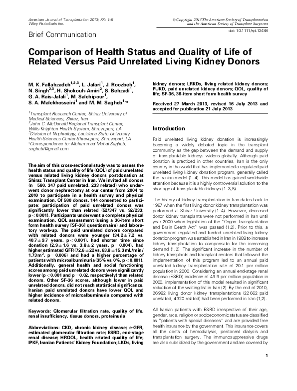 (PDF) Comparison of Health Status and Quality of Life of Related Versus ...