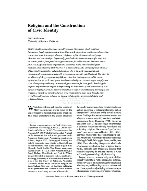 (PDF) Religion and the Construction of Civic Identity