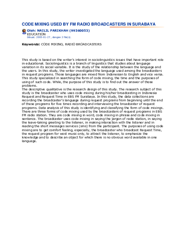 (PDF) Code Mixing Used by FM Radio Broadcasters in Surabaya