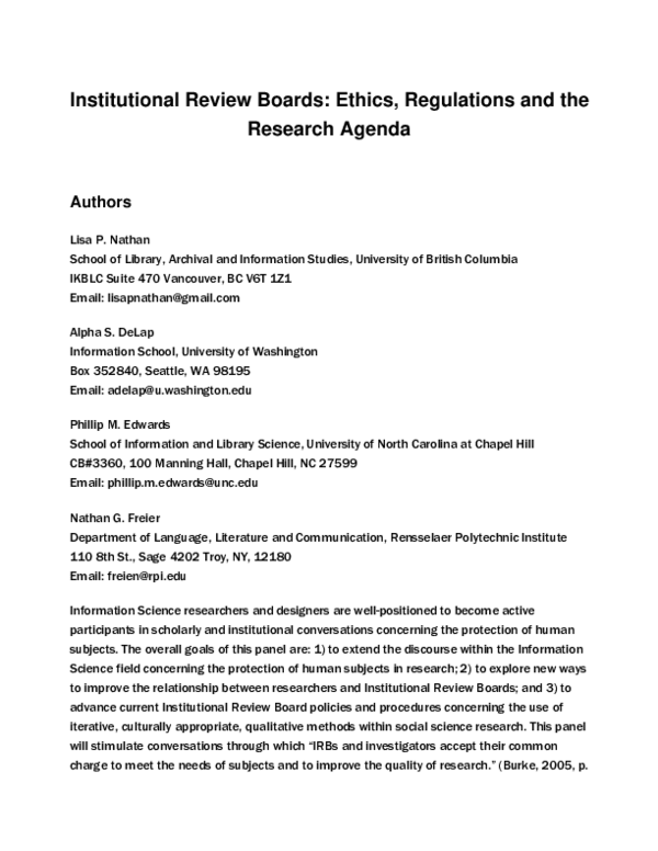 (PDF) Institutional Review boards: Ethics, regulations and the research ...