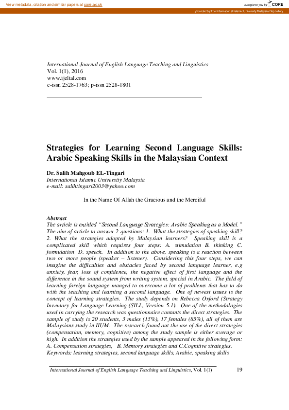 (PDF) Strategies for learning second language skills : Arabic speaking ...