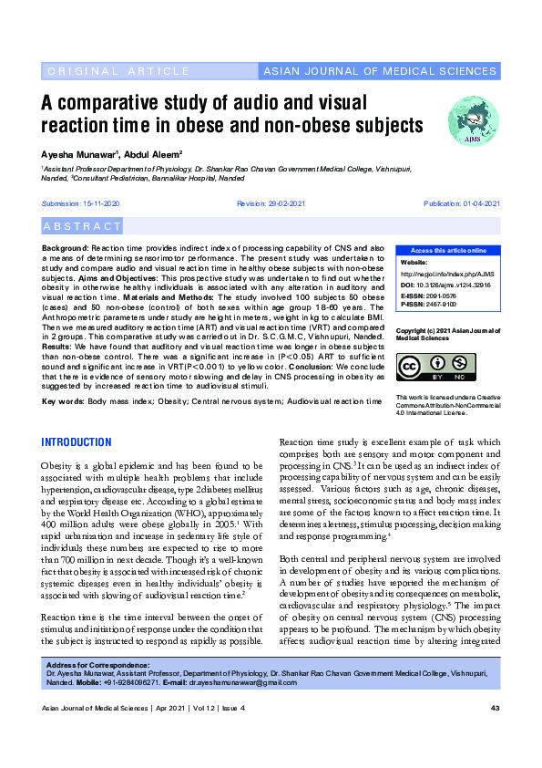 (PDF) A comparative study of audio and visual reaction time in obese ...