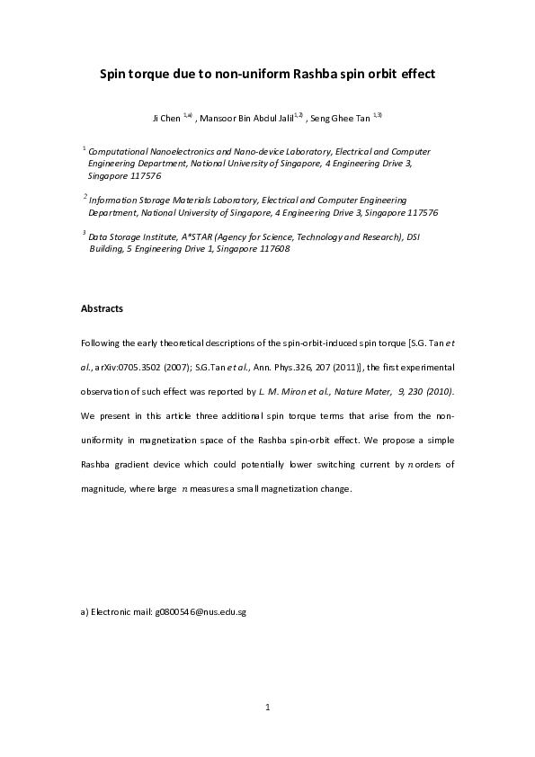 (PDF) Spin torque due to non-uniform Rashba spin orbit effect | Seng ...