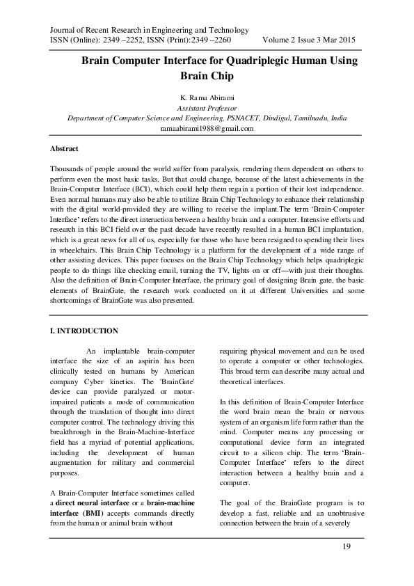 (PDF) Brain Computer Interface for Quadriplegic Human Using Brain Chip