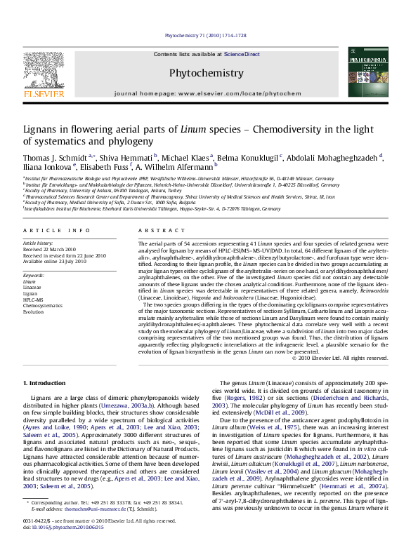 (PDF) Lignans in flowering aerial parts of Linum species ...