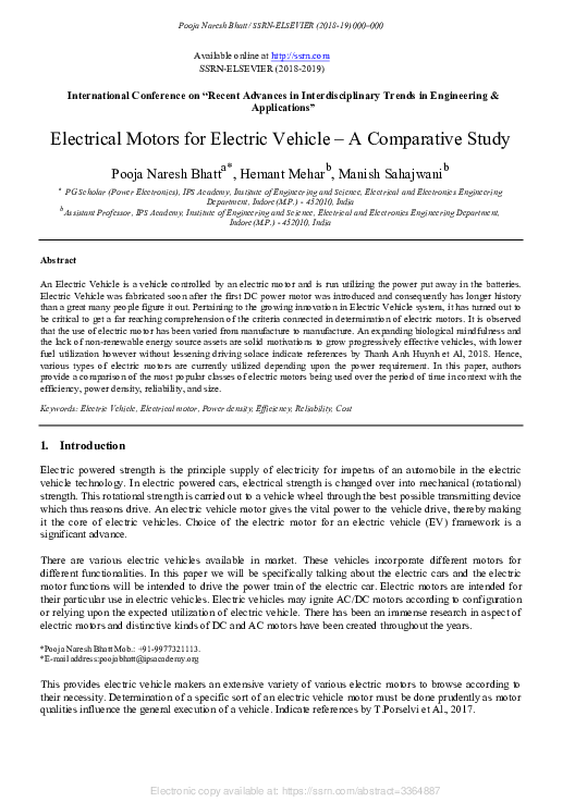 (PDF) Electrical Motors for Electric Vehicle – A Comparative Study