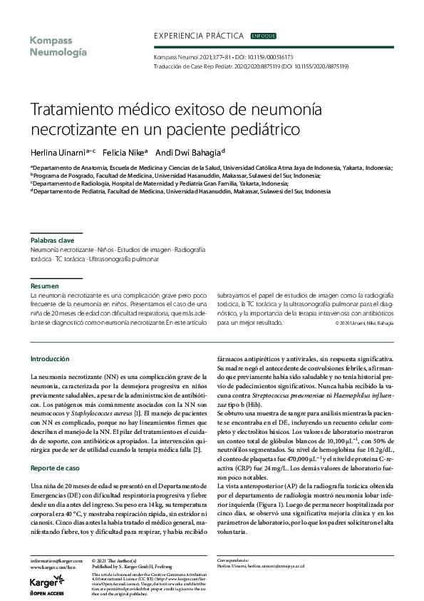 Tratamiento médico exitoso de neumonía necrotizante en un paciente pediátrico
