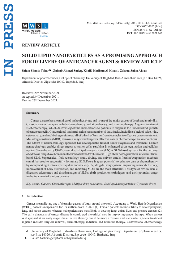 (PDF) Solid Lipid Nanoparticles as a Promising Approach for Delivery of ...