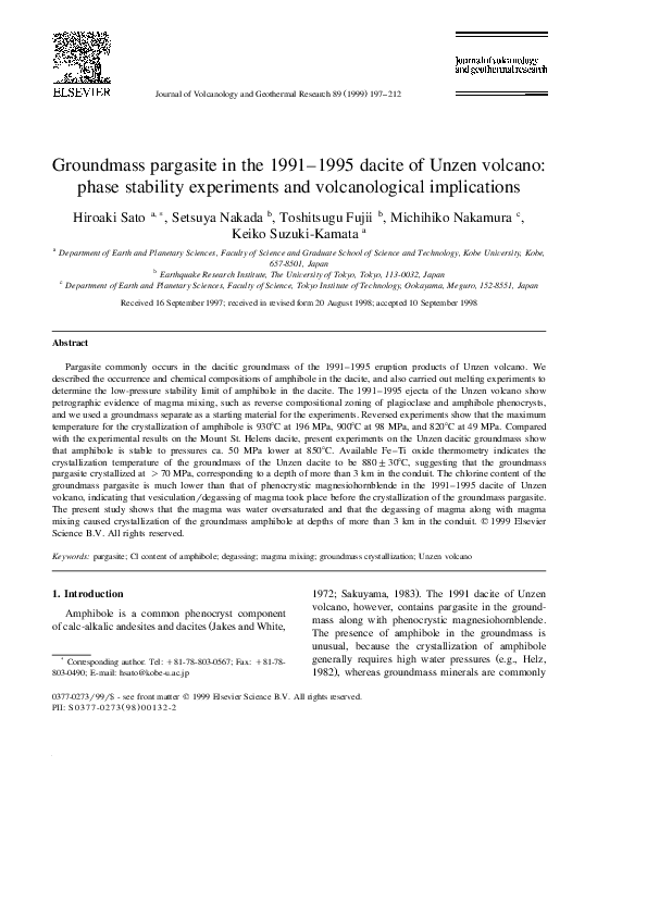 (PDF) Groundmass pargasite in the 1991–1995 dacite of Unzen volcano ...