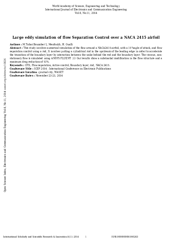 (PDF) Large eddy simulation of flow Separation Control over a NACA 2415 ...