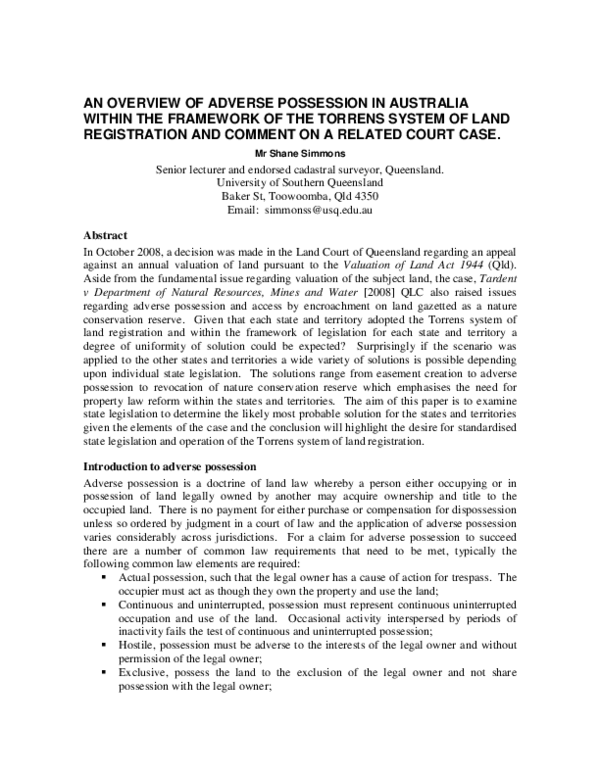 (PDF) An overview of adverse possession in Australia within the ...