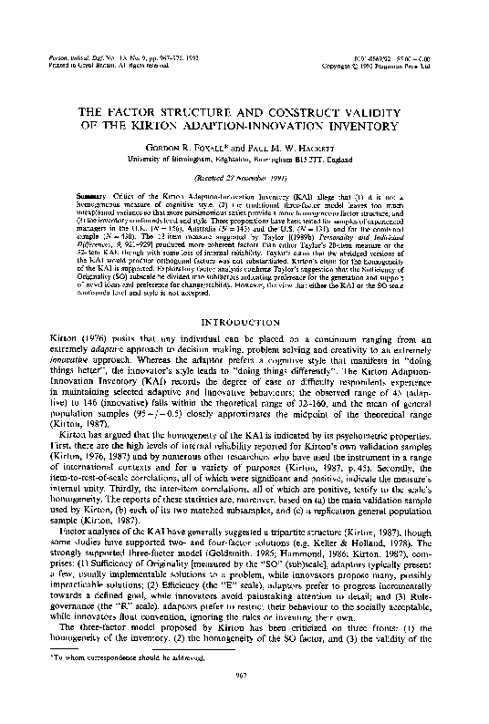 (PDF) The factor structure and construct validity of the Kirton