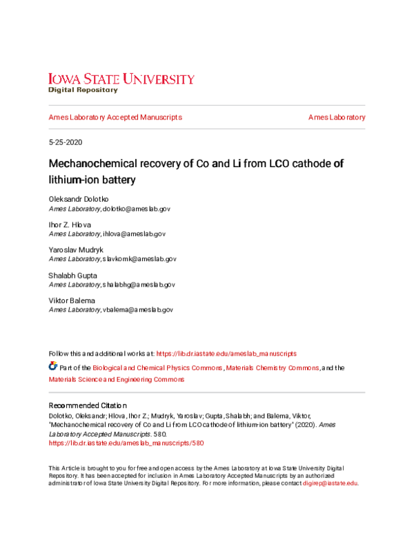 (PDF) Mechanochemical recovery of Co and Li from LCO cathode of lithium ...