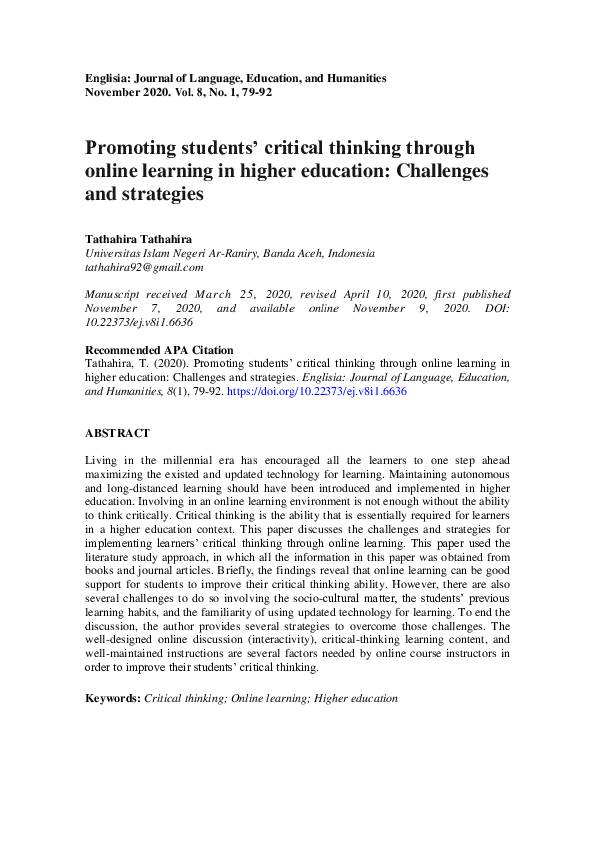 (PDF) PROMOTING STUDENTS’ CRITICAL THINKING THROUGH ONLINE LEARNING IN ...