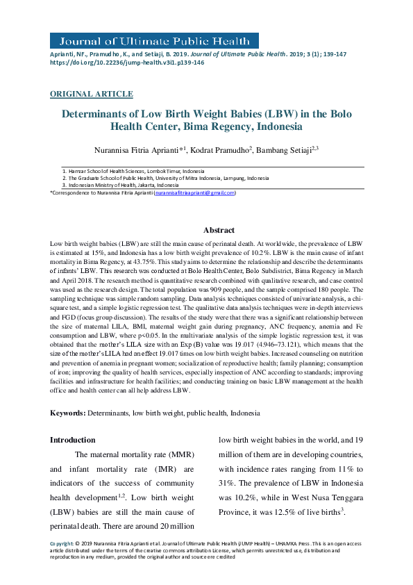 (PDF) Determinants of Low Birth Weight Babies (LBW) in the Upt Bolo ...