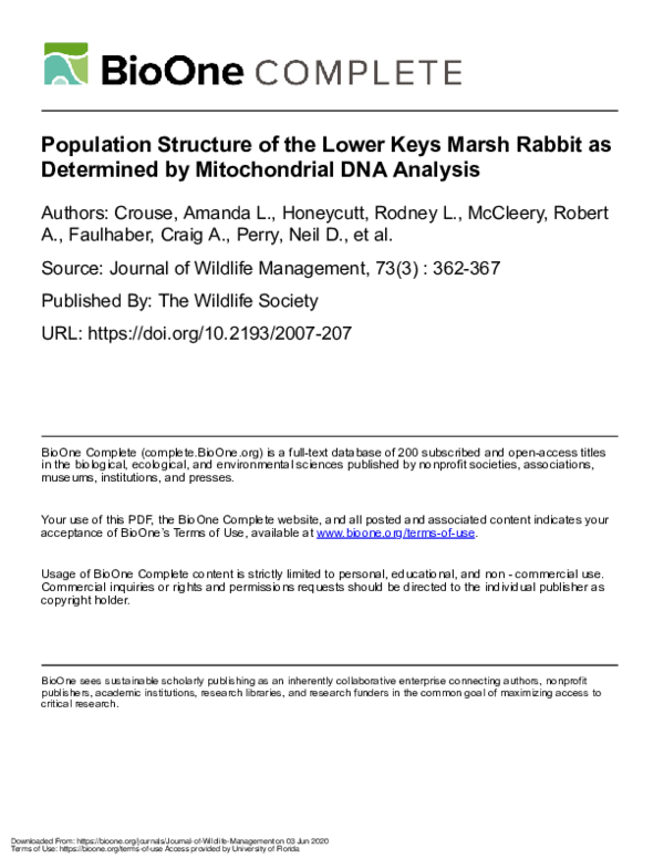 (PDF) Population Structure of the Lower Keys Marsh Rabbit as Determined ...