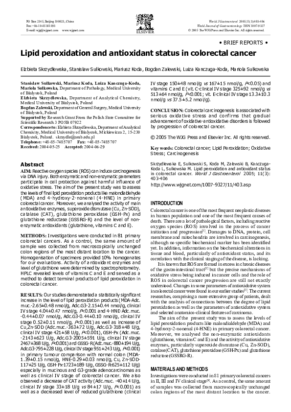 (PDF) Lipid Peroxidation and Antioxidant Status in Cervical Cancer Patients